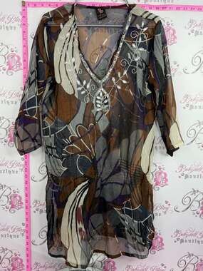 PRIYA coverup sequins Embellished V-Neck Floral Sheer Tunic Top - Brown Multi